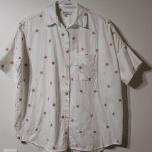 Women's Madewell White Embroidered Flowers Button Up Short Sleeve Shirt Size XS